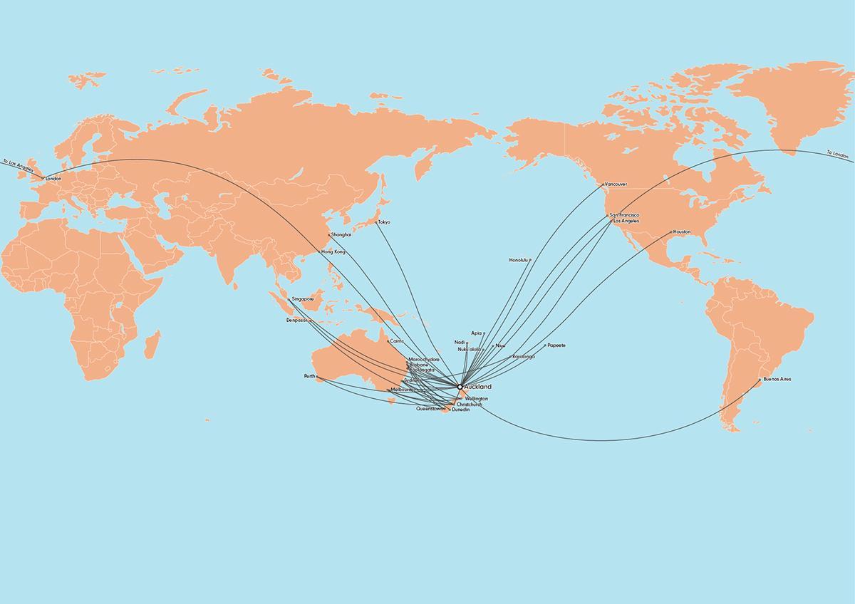 air new zealand mapa de la ruta internacional