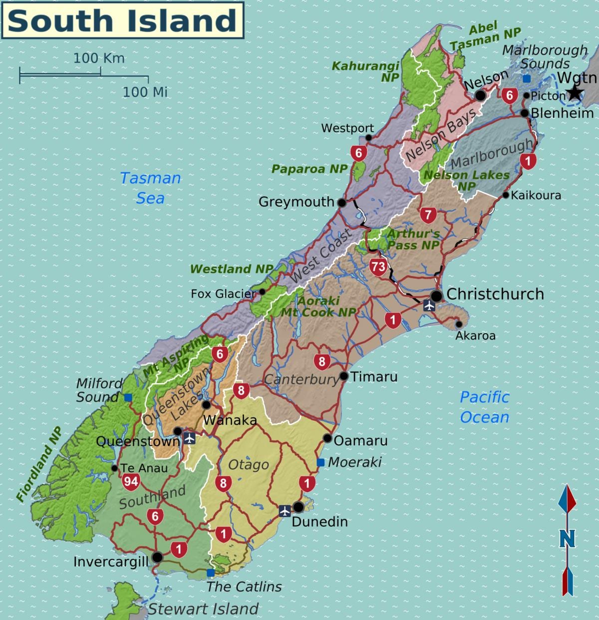Mapa de la isla sur de nueva zelanda regiones