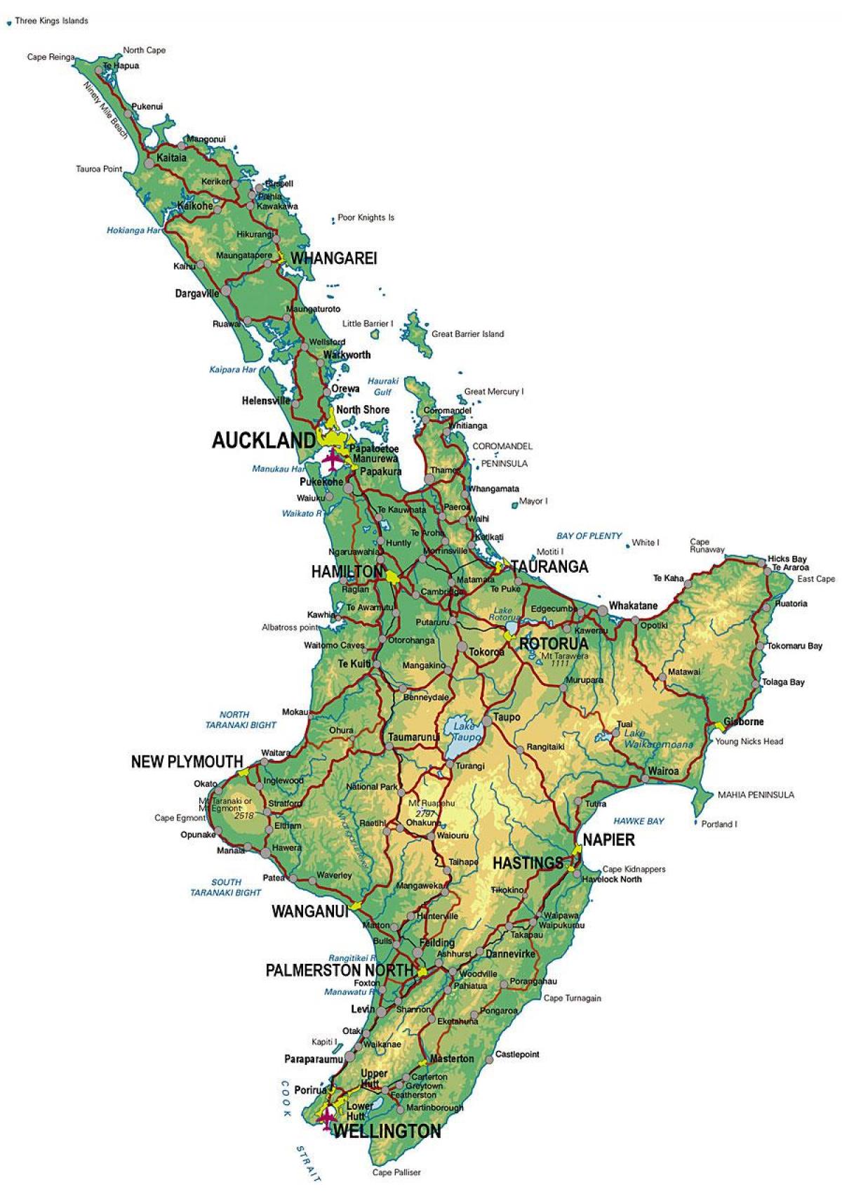 nueva zelanda norte de la isla de las atracciones turísticas mapa