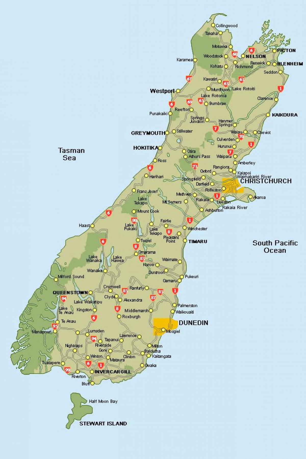mapa de nueva zelanda isla del sur mapa de carreteras
