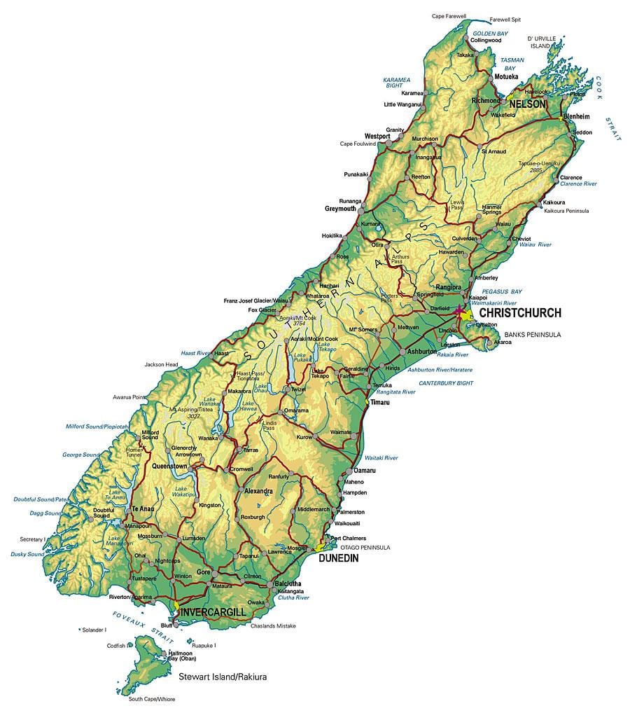 Mapa de nueva zelanda, el sur de la isla de viaje