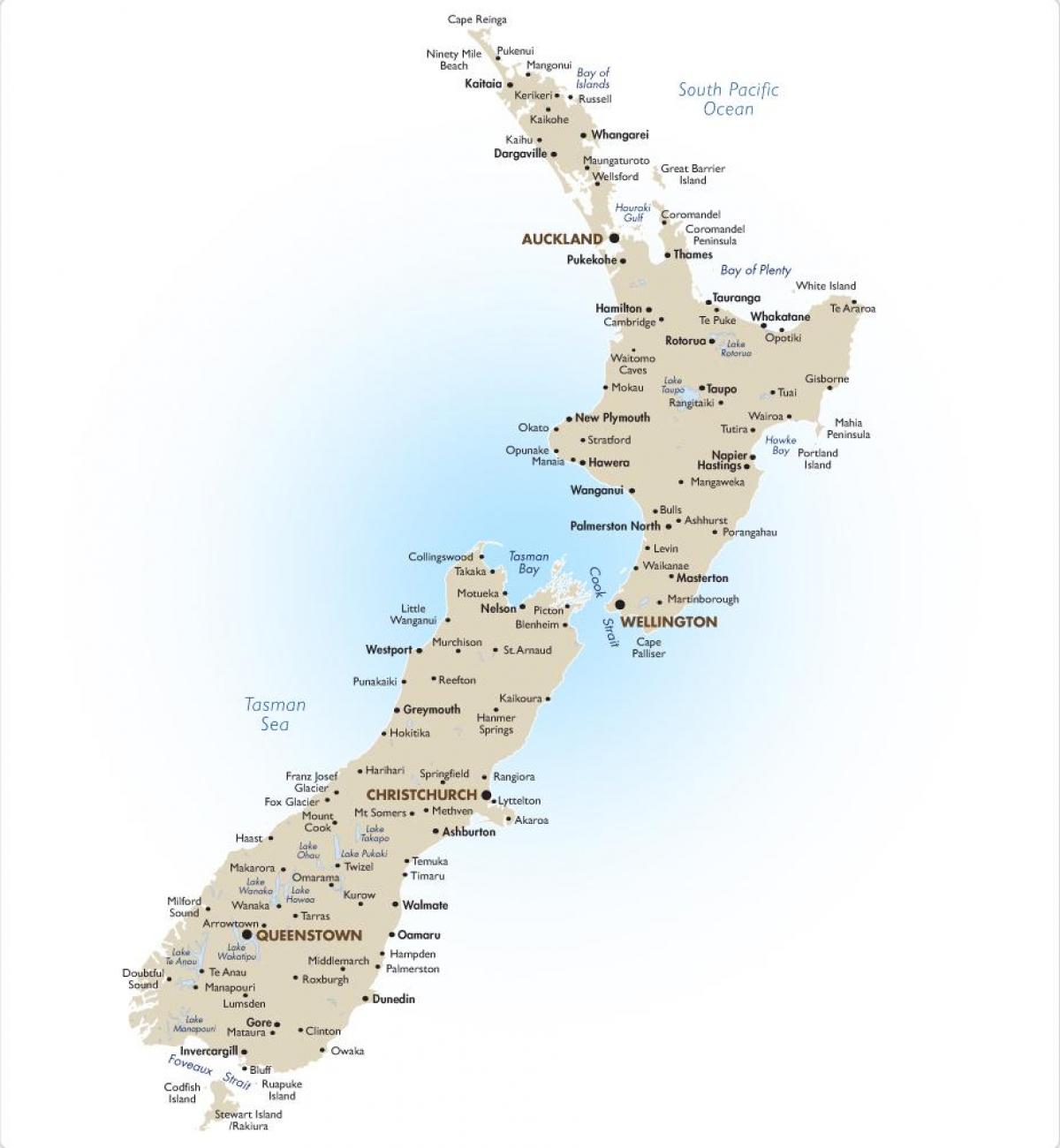 mapa de nueva zelanda con las principales ciudades