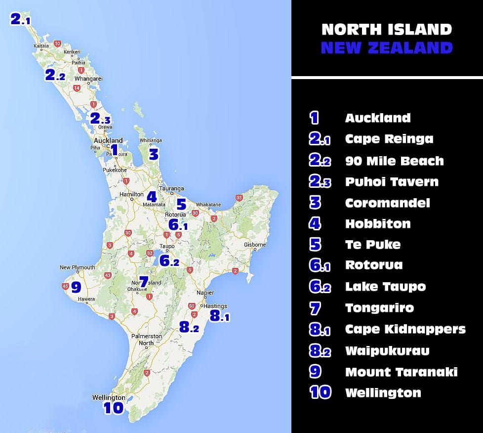 Mapa de nueva zelanda del norte atracciones de la isla