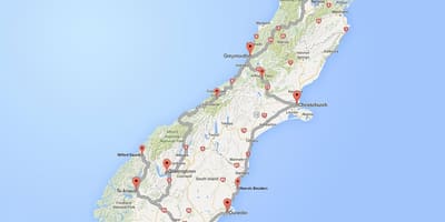 Detallado mapa de carreteras de la isla sur de nueva zelanda